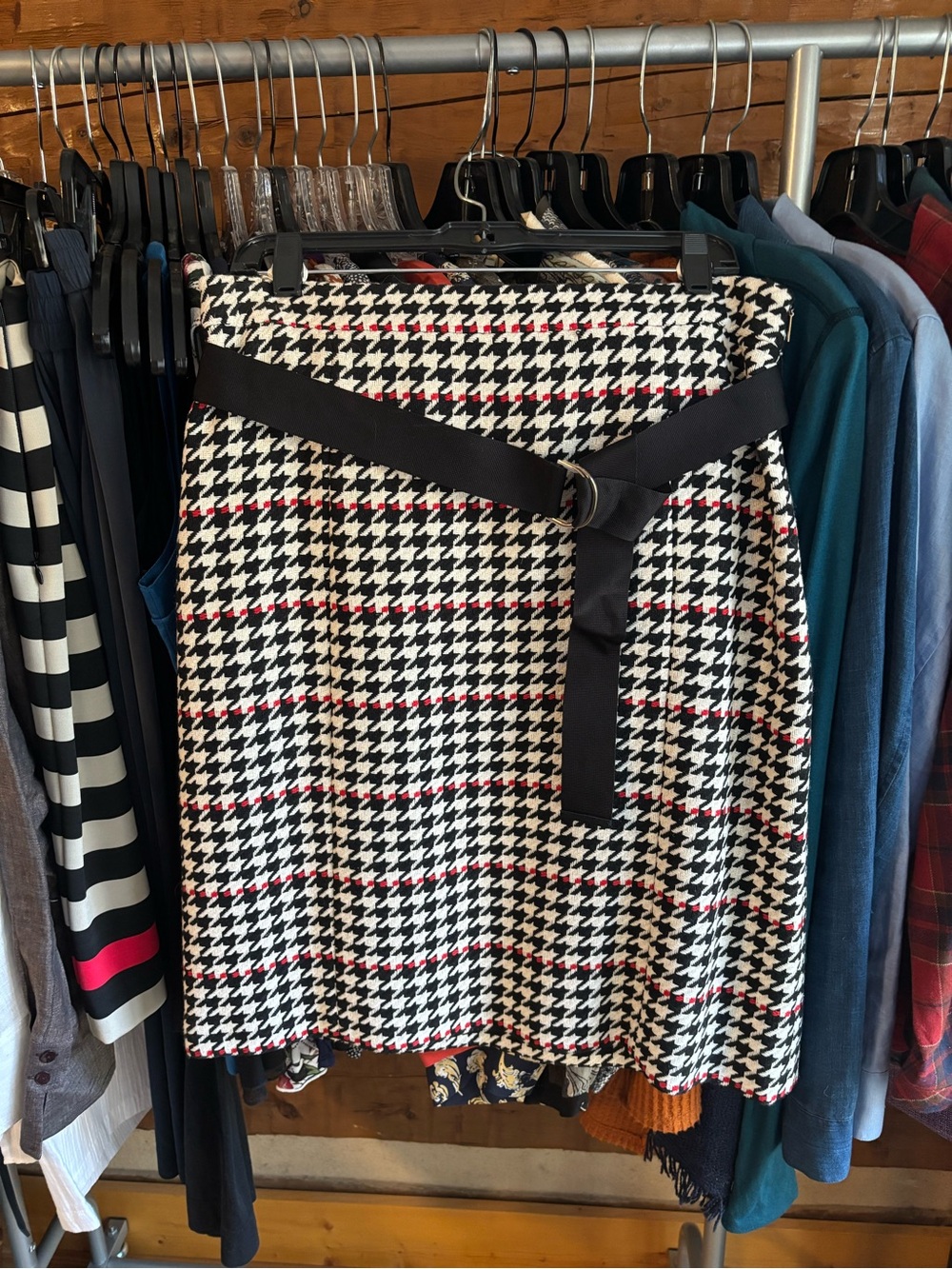Boss Houndstooth A-Line Skirt in Black, Cream & Red